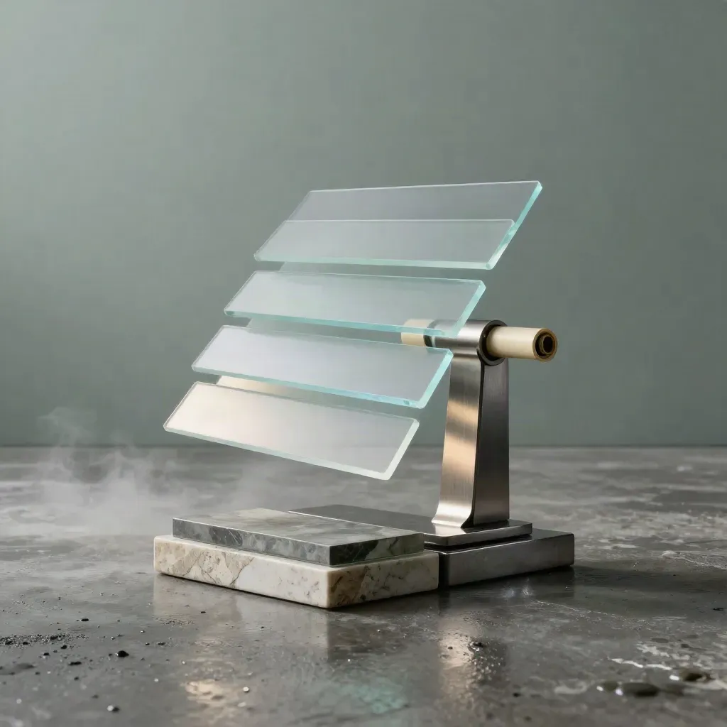 Graphite trend dashboard monolith with translucent planes, metal arm and briefing tube in soft mist.