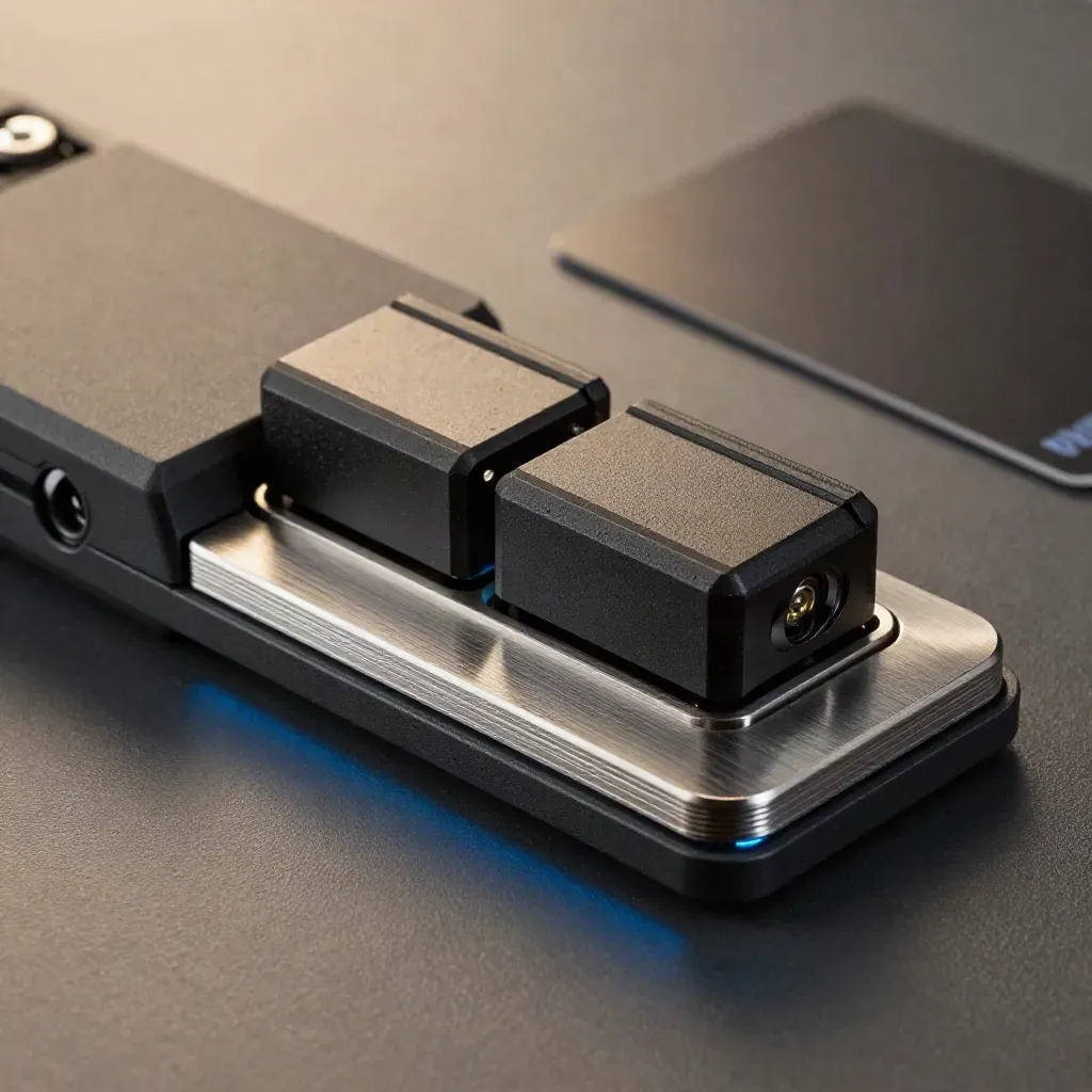 Macro of a dark competitor alert case with tags and tray catching blue rim light.