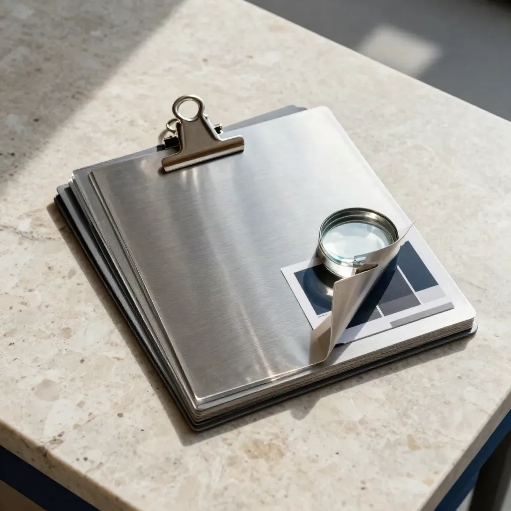 Overhead flatlay of a brushed-metal search atlas with acetate sheets and dividers on travertine.