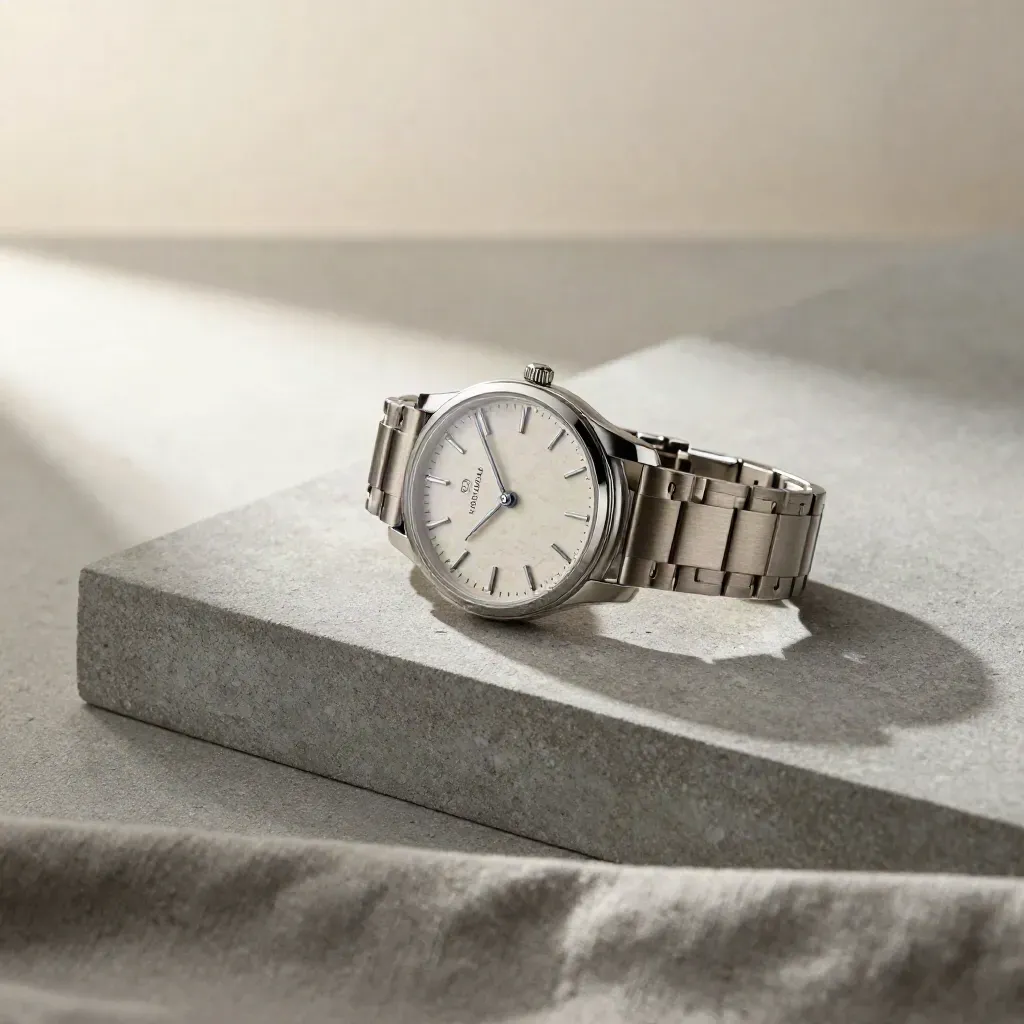 Compact trend analytics pack on linen and concrete with soft atmospheric light