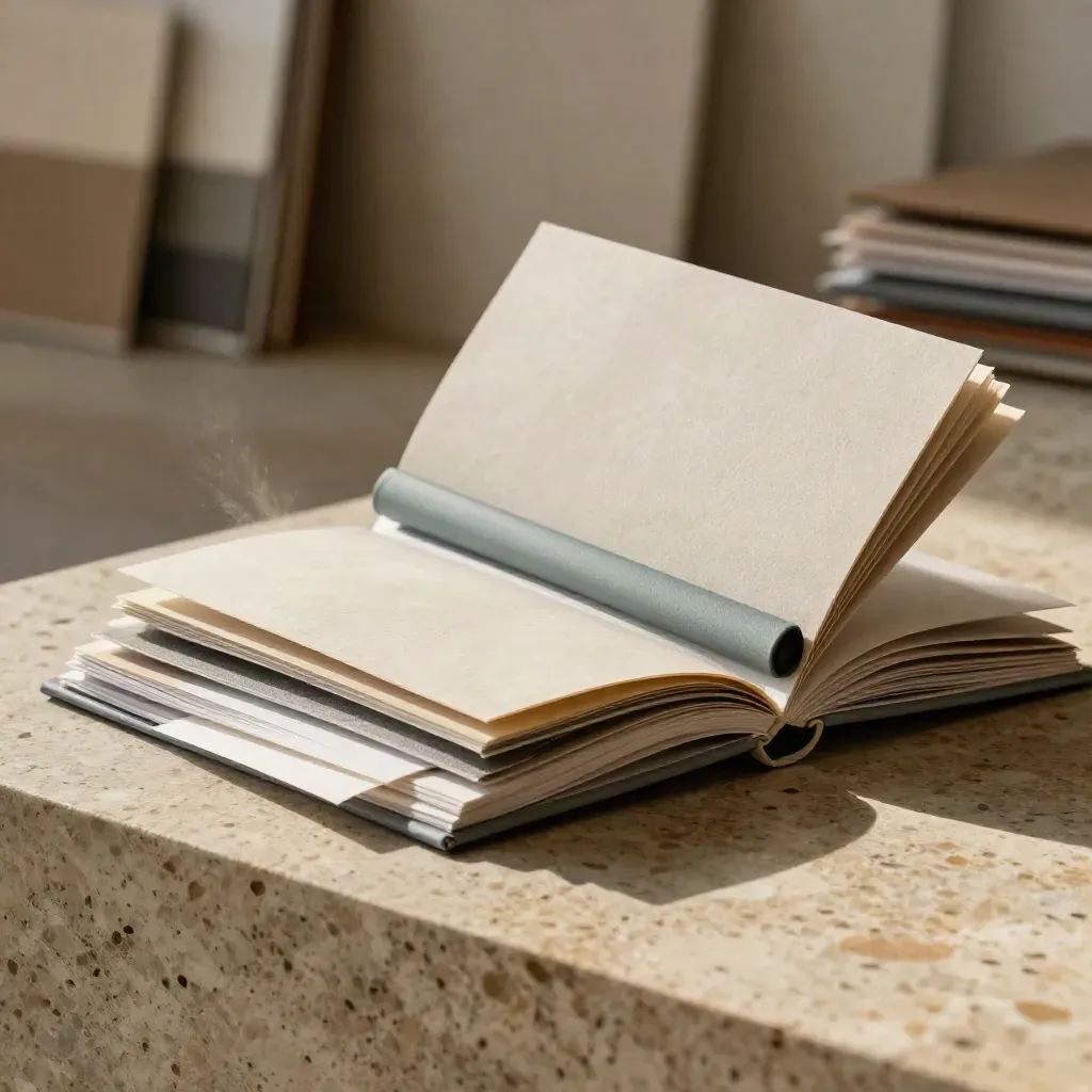 Open pale stone trend brief booklet with swatches and muted-teal marker bar on travertine.