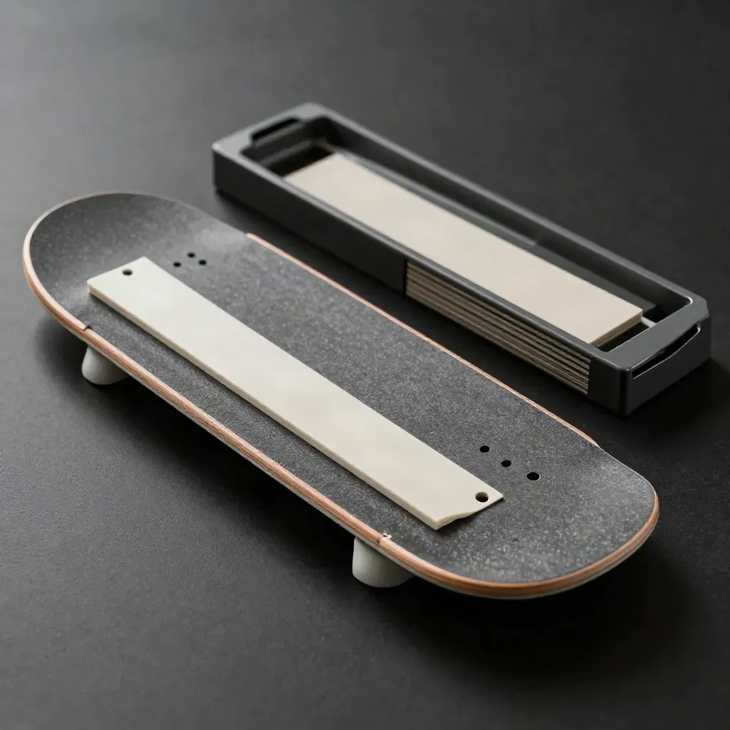 Graphite trend panel kit arranged diagonally on a matte-black studio surface with soft rim light.