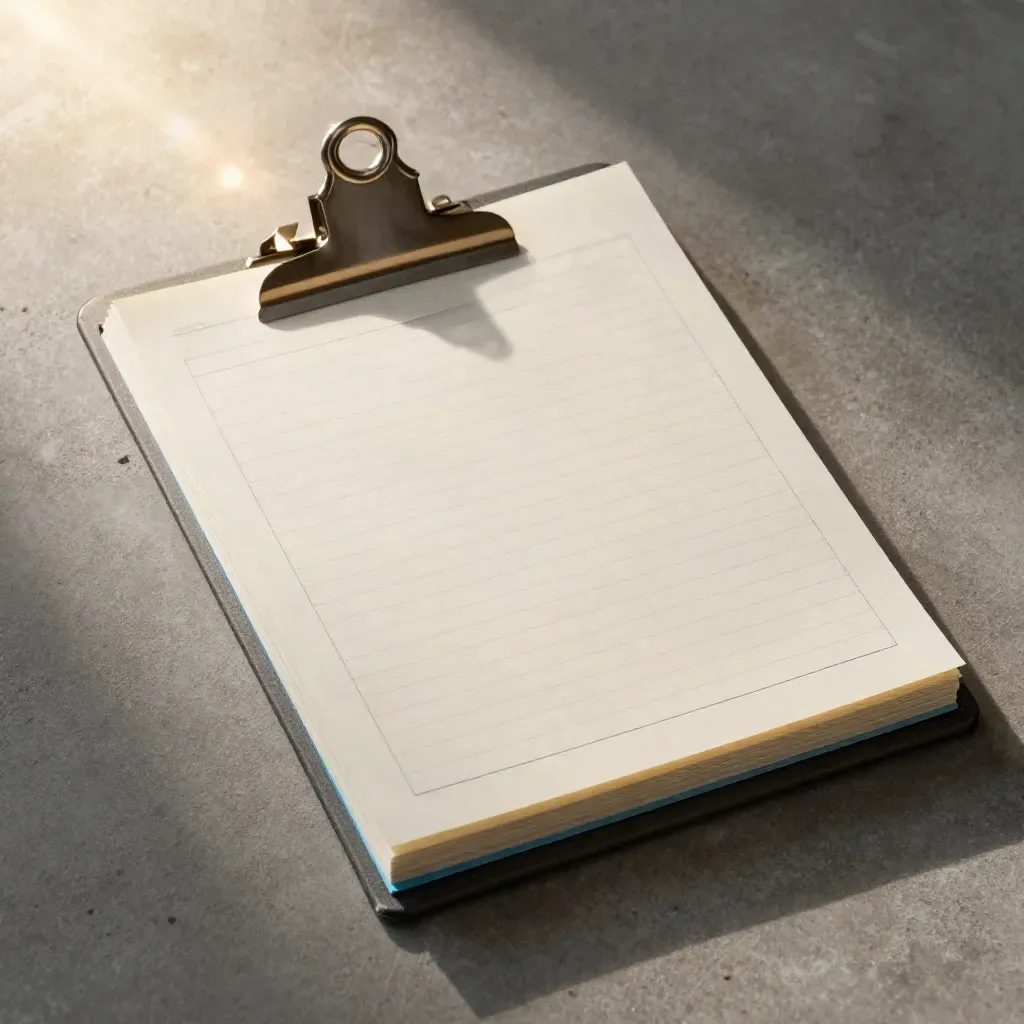 Overhead flatlay of a layered vellum forecast notes folio with a metal clip and blue accent