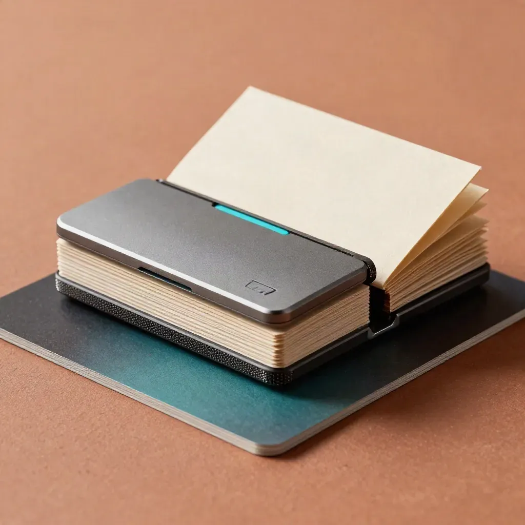 Macro tracker bundle with recorder module, paper sleeves, and dark reference card on terracotta clay.