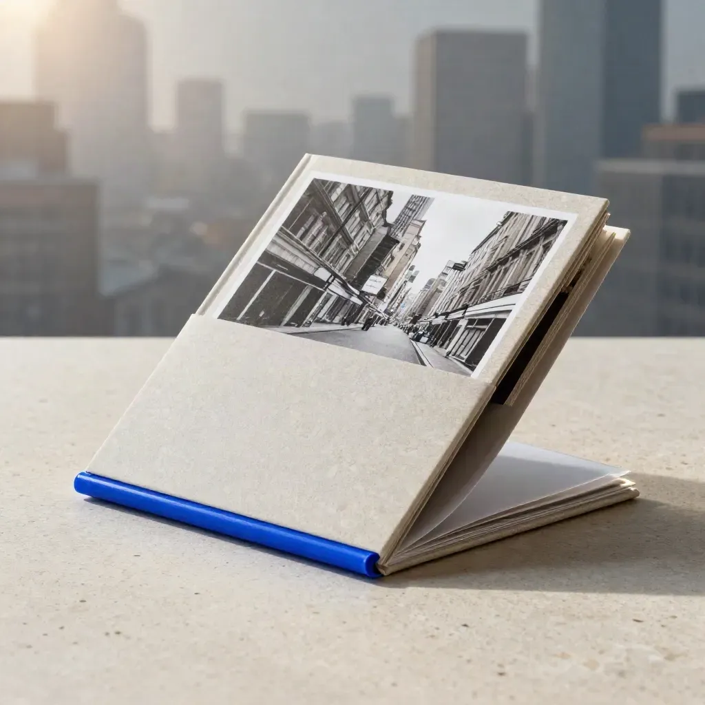 Travertine retail report folio with abstract pages and an electric-blue marker bar in cool city haze.