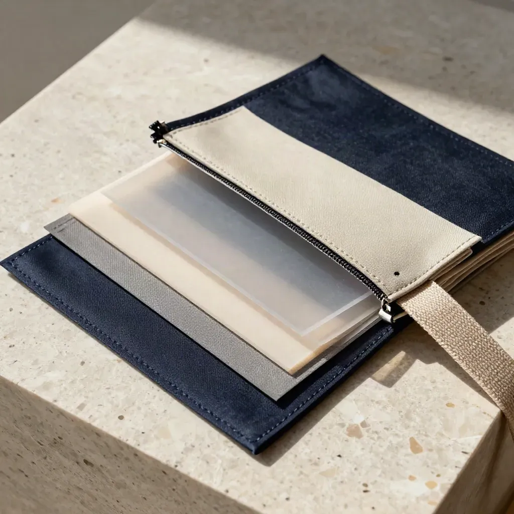 Overhead flatlay of fashion swatches, acetate inserts and a strap on stone with soft navy accents.