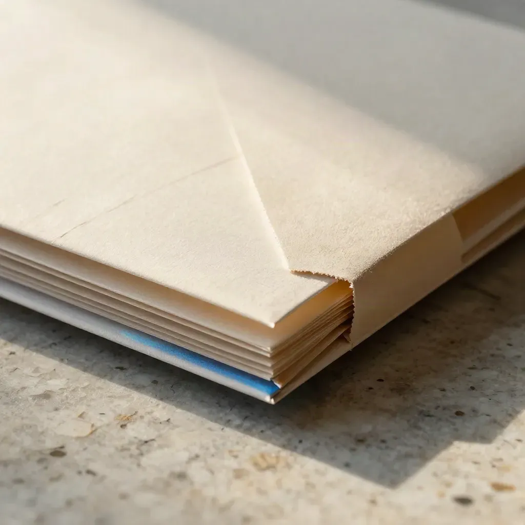 Close-up of a paper mail sleeve with a folded digest sliding out on travertine.