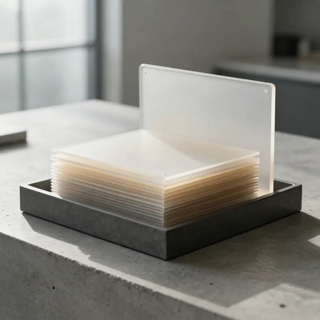 Translucent forecast sheets in a dark tray on concrete, lit softly from one side.