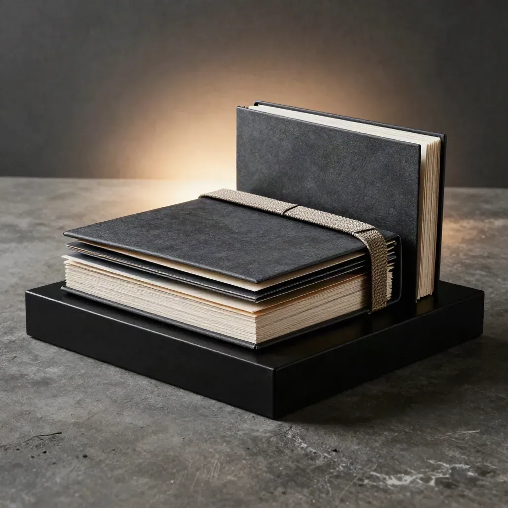 Dark studio hero shot of a retail board pack folio with strap and layered inserts on a matte-black plinth.