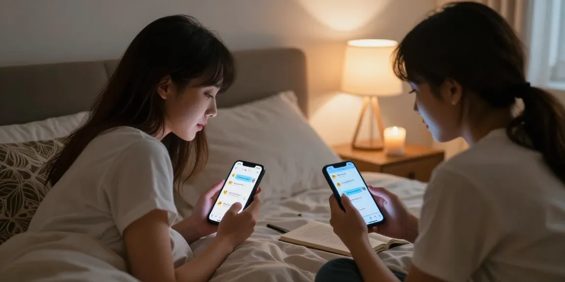 Couple enjoying AI chat porn on smartphones in a cozy bedroom setting.